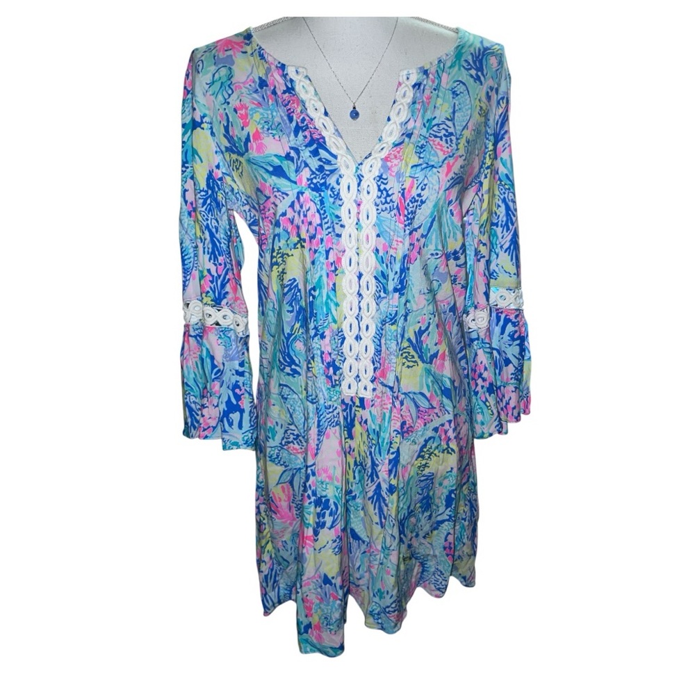 Lilly Pulitzer Mermaids Cove dress with embroidery and bell sleeves